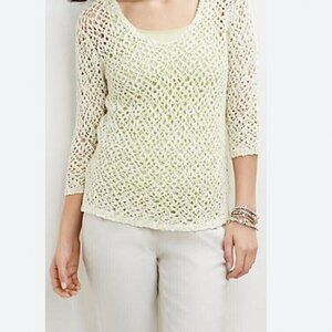 J. Jill Open Weave Stitch Beachy Boho Lagenlook Sweater Lemongrass 3/4 Sleeve L